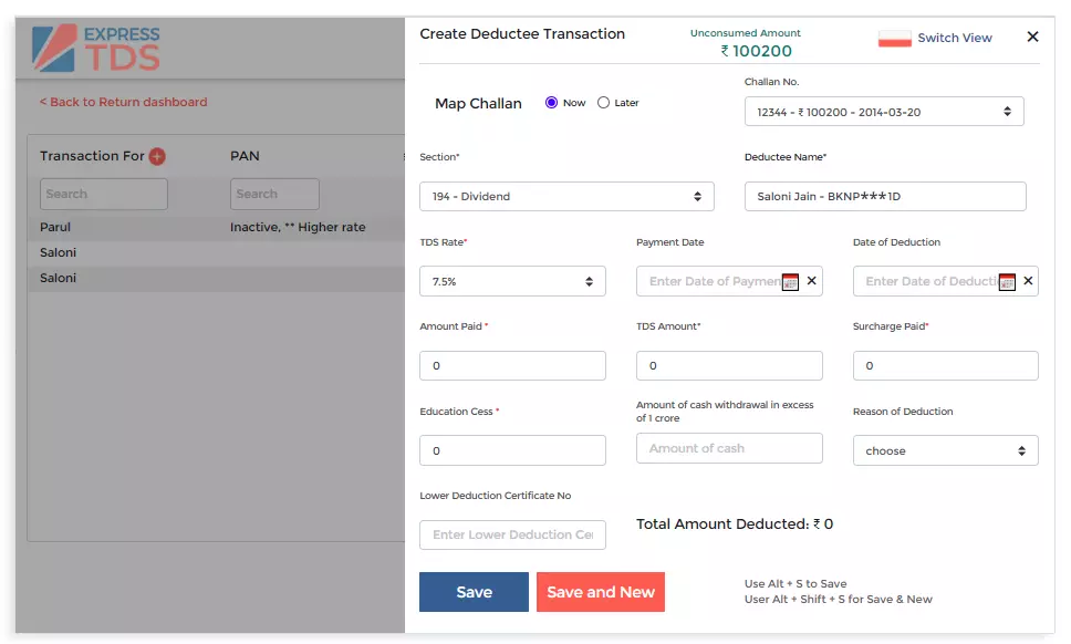 Challan and Deductee Transaction Creation