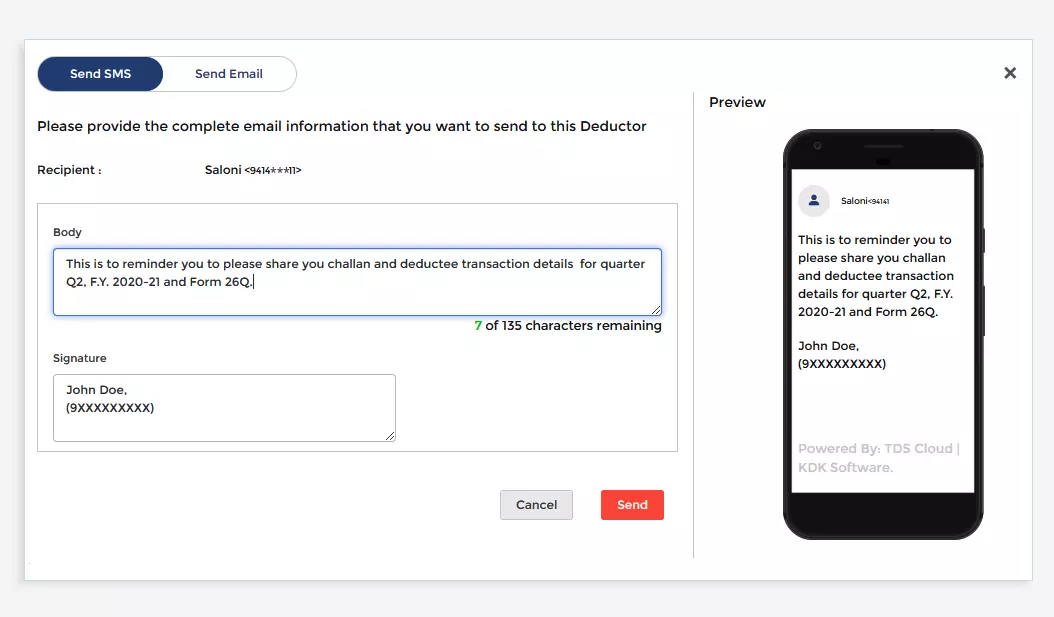 SMS & Email communication from Express TDS Itself